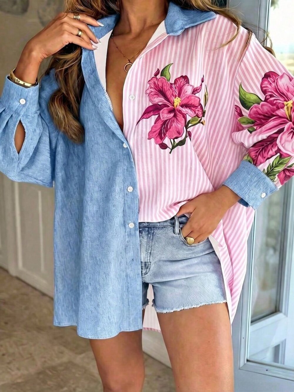 White Casual Women's Colorblock Striped Long Sleeve Shirt